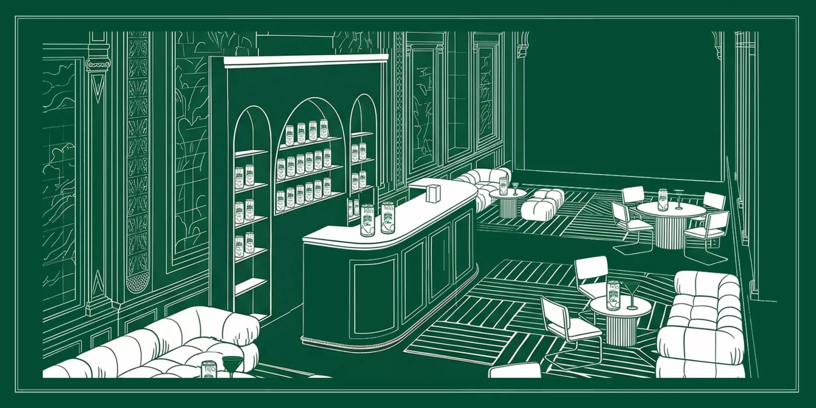 Maison Perrier bar interior illustrated in green and white